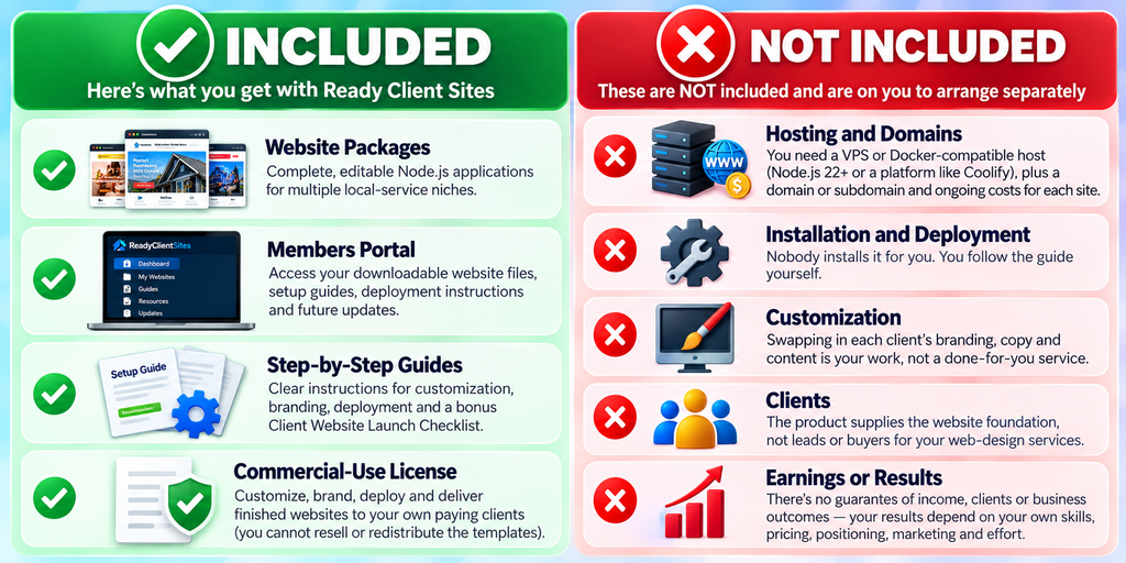 Ready Client Sites included vs not included, showing website files, members portal, setup guides and commercial license alongside hosting, deployment, customization, clients and earnings not included.