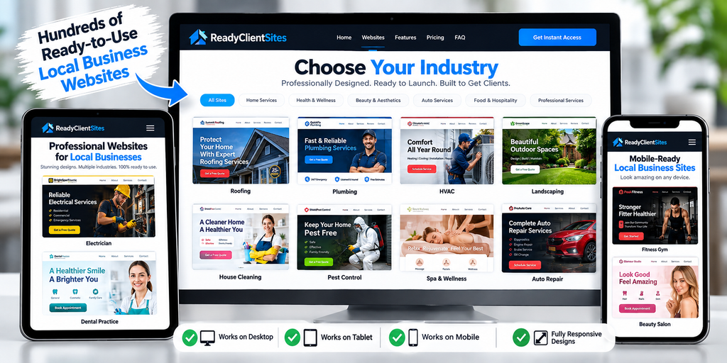 Ready Client Sites collection displayed across desktop, tablet, and mobile devices, showcasing responsive local business website templates across multiple industries.