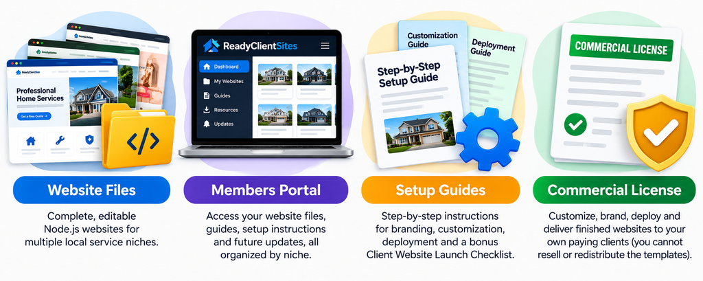 Ready Client Sites features showing website files, members portal, setup guides, and commercial-use license
