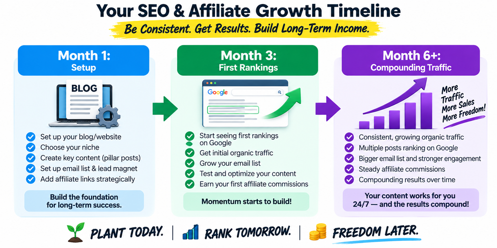 SEO and affiliate marketing growth timeline showing Month 1 setup, Month 3 first Google rankings, and Month 6+ compounding organic traffic and affiliate results.