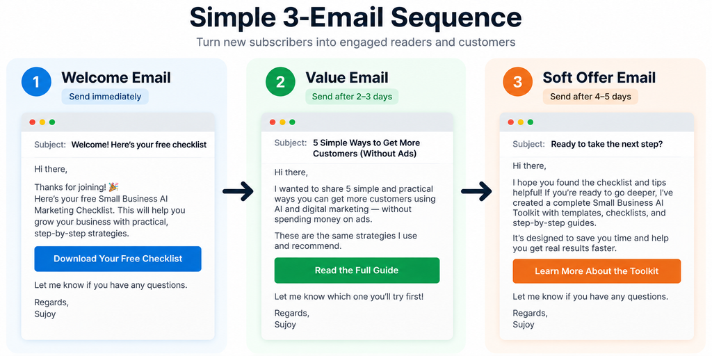 Simple three-email sequence showing Welcome Email, Value Email, and Soft Offer Email connected in a flowchart