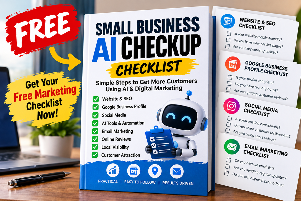 Small Business AI Checkup free marketing checklist lead magnet covering SEO, Google Business Profile, social media, AI tools, and email marketing