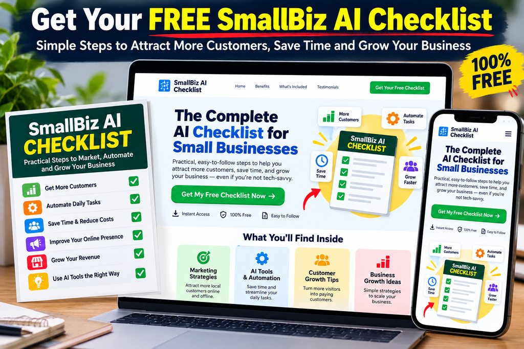 SmallBiz AI Checklist preview showing practical AI-powered strategies to attract customers, automate tasks, save time, improve online presence, and grow a small business.
