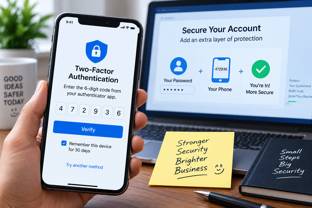 A smartphone displaying a two-factor authentication code and verification button, with a laptop in the background illustrating secure account protection.