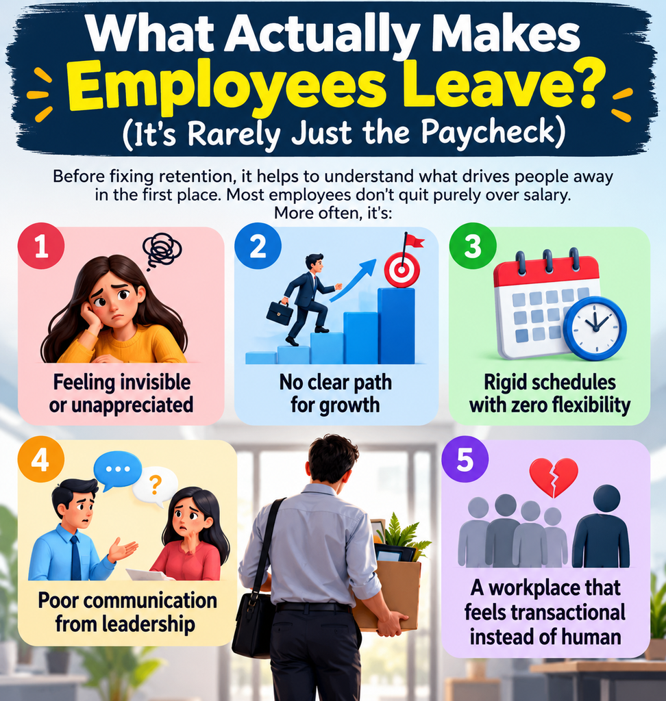 Infographic showing five common reasons employees leave a workplace: feeling unappreciated, lack of career growth, rigid schedules, poor leadership communication, and a transactional workplace culture.