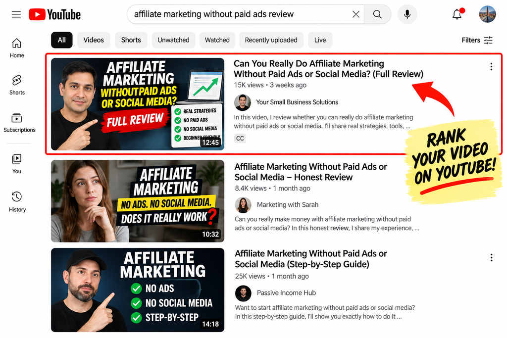YouTube search results showing an affiliate marketing review video about making money without paid ads or social media