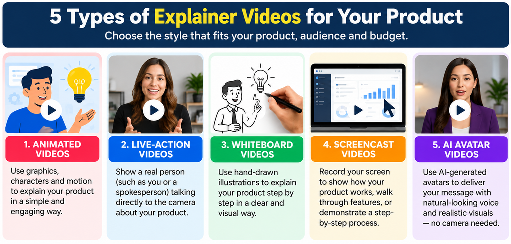 Comparison of five explainer video styles for products: animated videos, live-action videos, whiteboard videos, screencast videos, and AI avatar videos, with visual examples and descriptions of each format.