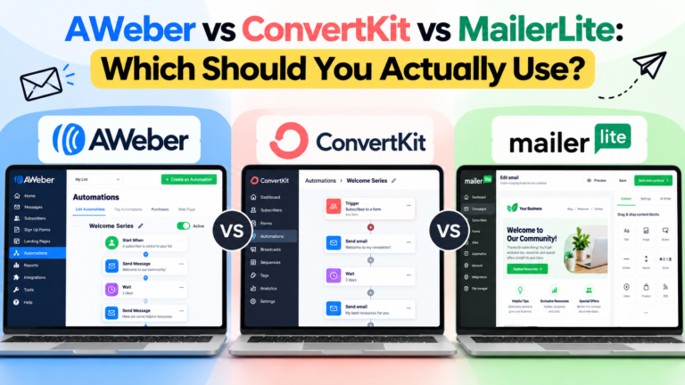 AWeber vs ConvertKit vs MailerLite comparison showing all three email marketing platforms and their dashboards.
