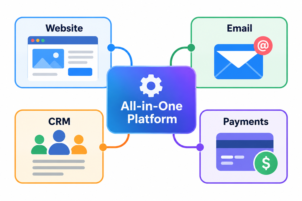 All-in-one platform combining website, email, CRM and payments in one system