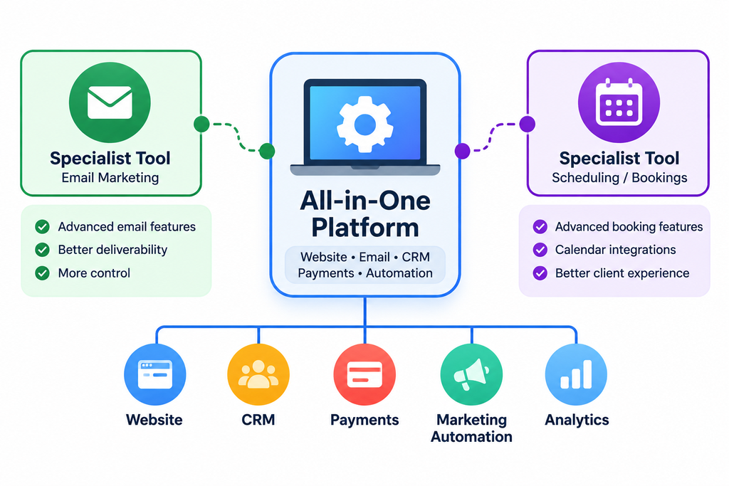Hybrid tech stack with one core platform and two specialist tools