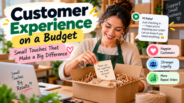 Customer experience on a budget with small business owner adding a handwritten thank-you note to a customer order to build loyalty and encourage repeat purchases.