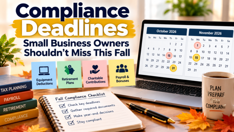 Q4 business tax filing deadlines 2026 for small business owners, featuring a fall compliance calendar and year-end tax checklist.