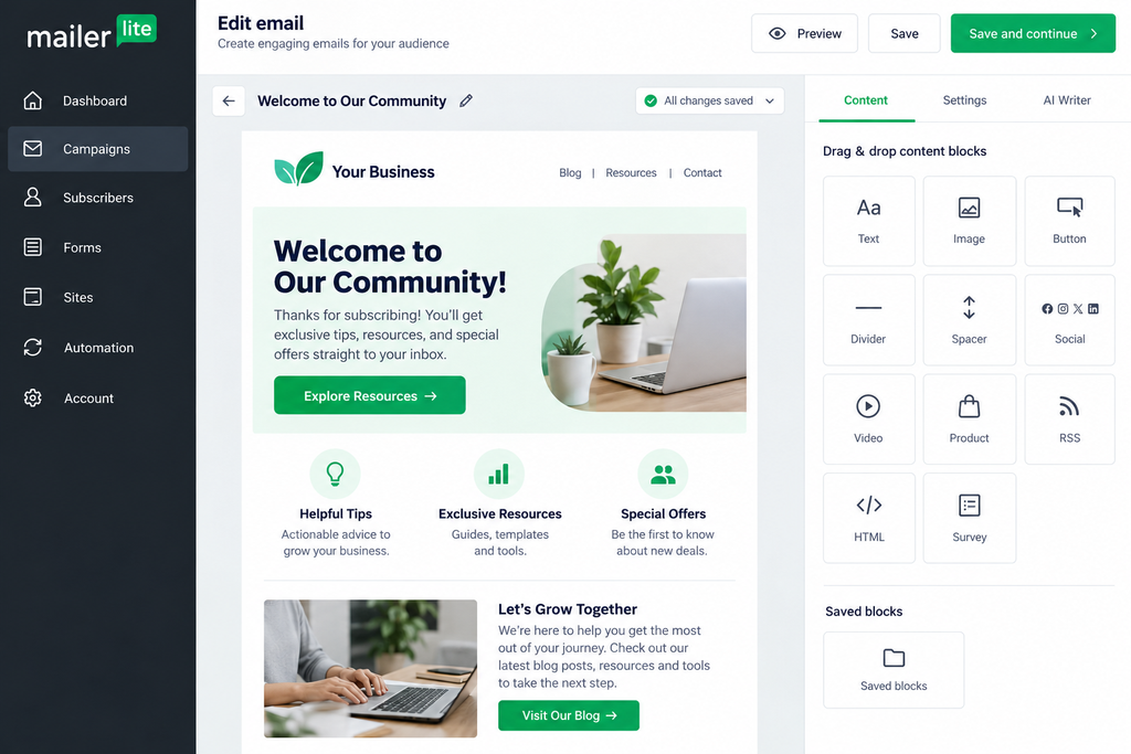 MailerLite drag-and-drop email editor showing a welcome newsletter template, customizable content blocks, image and button elements, and email design settings.