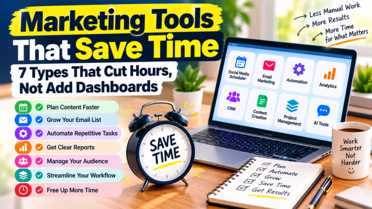 Marketing tools that save time: seven types of tools for social media scheduling, email marketing, automation, analytics, content creation, and workflow management.