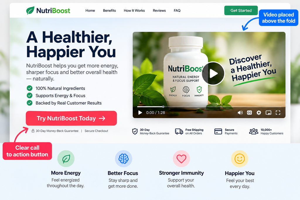 A screenshot example of a video embedded on a product or landing page, showing good placement