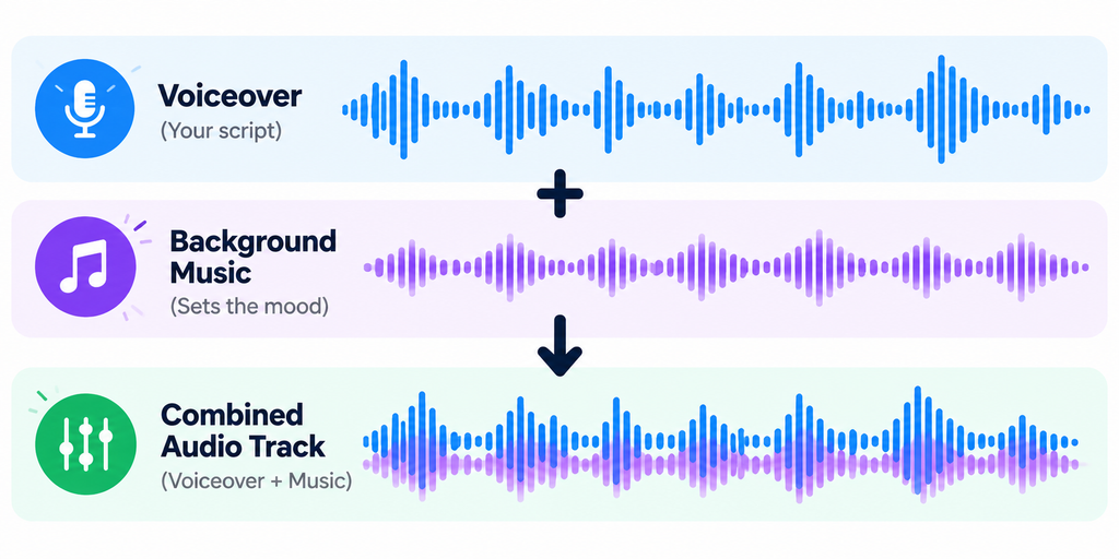 A simple audio waveform graphic or icon showing "voiceover + music" 