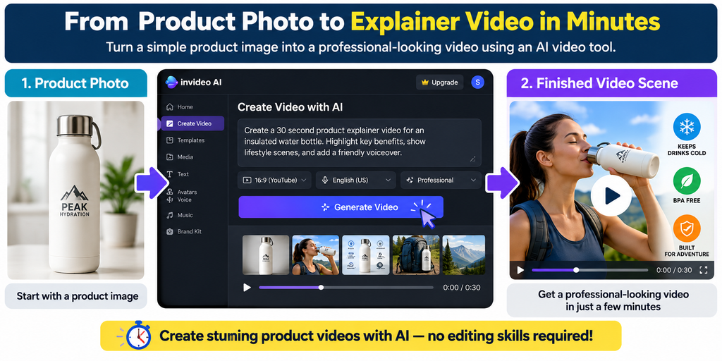 AI video creation workflow showing a product photo transformed into a finished explainer video using an AI video editor, with a sample dashboard, video preview, and product benefits.