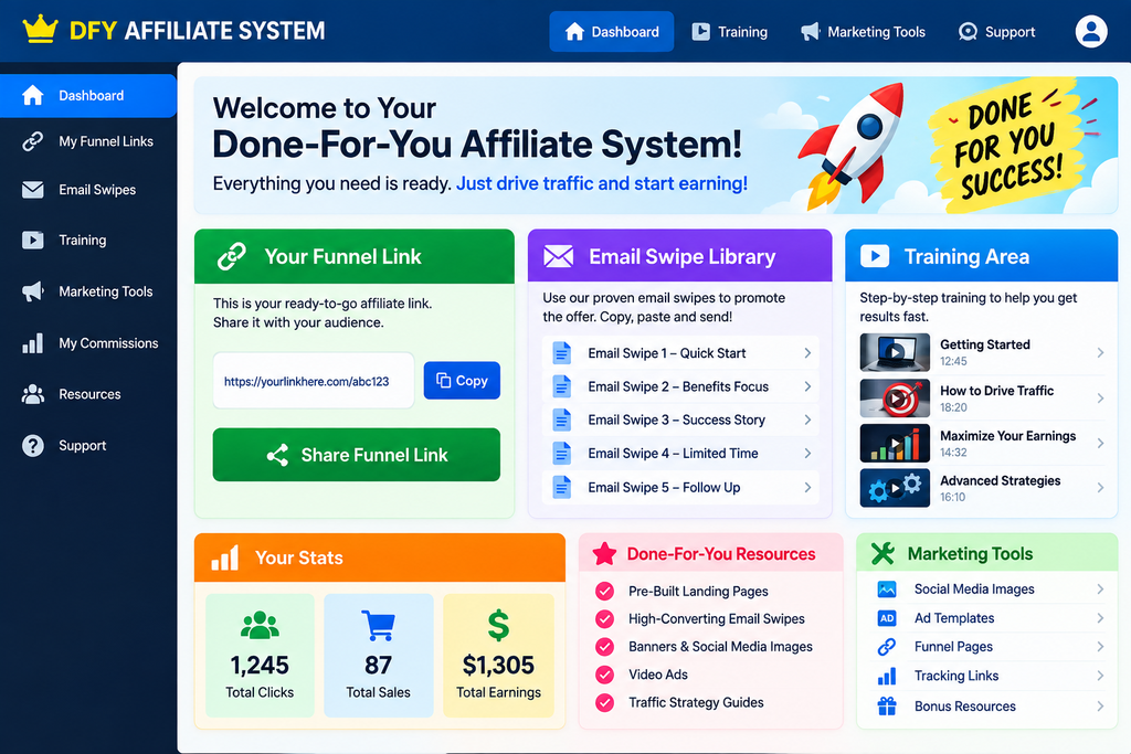 DFY affiliate marketing dashboard showing a funnel link, email swipe library, training area, marketing tools, and done-for-you resources