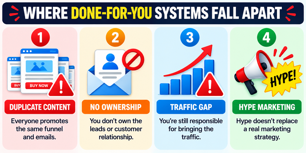 Four pitfalls of done-for-you affiliate systems: duplicate content, no ownership, traffic gaps, and hype marketing