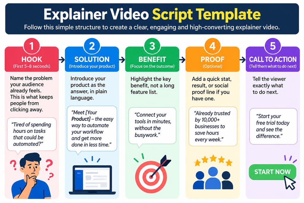 Explainer video script template showing five steps: hook, solution, benefit, proof, and call to action, with examples and visual guidance for creating an engaging product video.