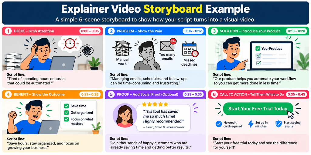 Six-scene explainer video storyboard example showing the hook, problem, solution, benefit, social proof, and call to action, with sample script lines and visual illustrations for each scene.
