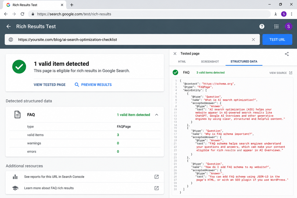 esting FAQ schema markup with Google's Rich Results Test