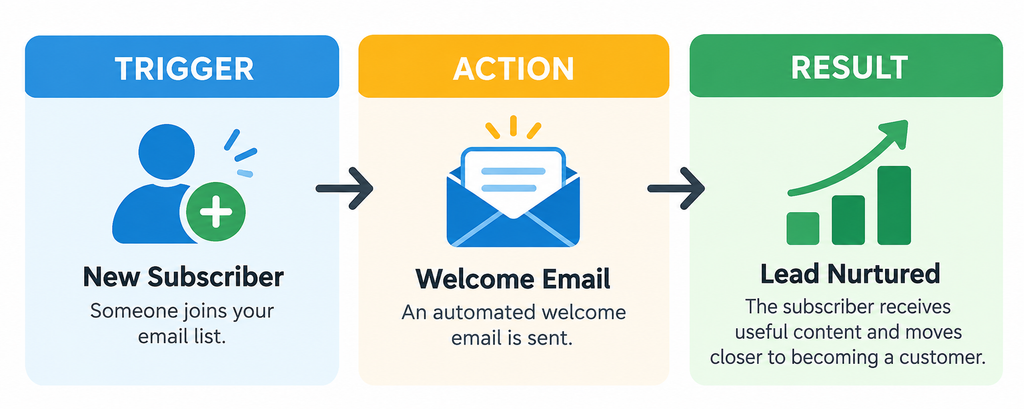 Diagram showing how a trigger starts an automatic marketing action