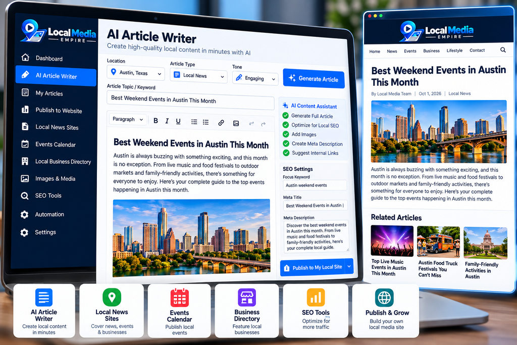 Local Media Empire AI article writer creating local content