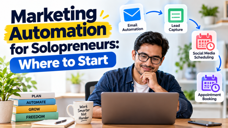Marketing automation for solopreneurs showing email automation, lead capture, social media scheduling, and appointment booking.