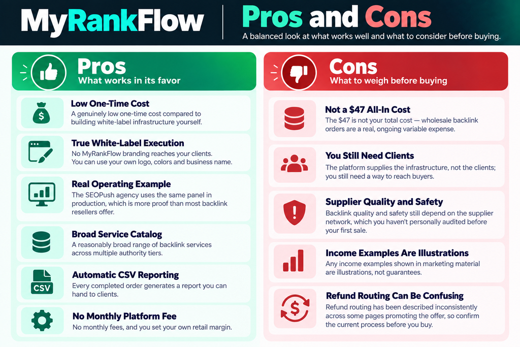 MyRankFlow pros and cons summary.