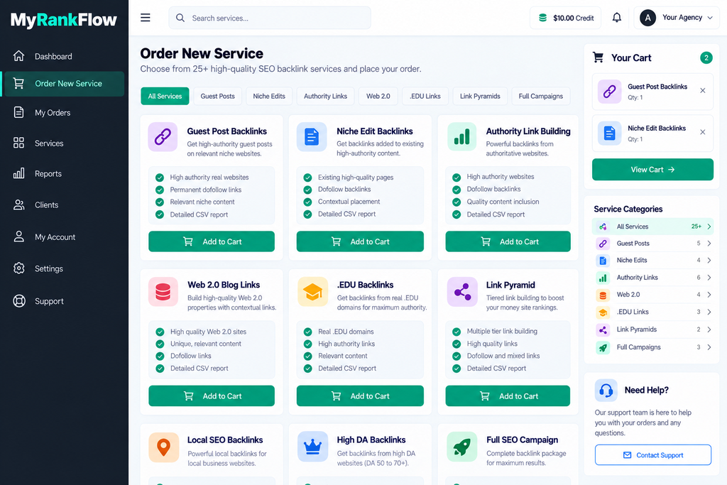 MyRankFlow backlink service catalog screenshot.