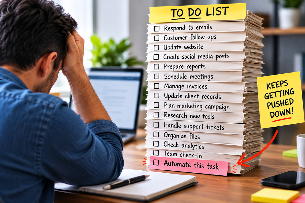 Overflowing business to-do list with an automation task repeatedly pushed to the bottom, illustrating task overload.