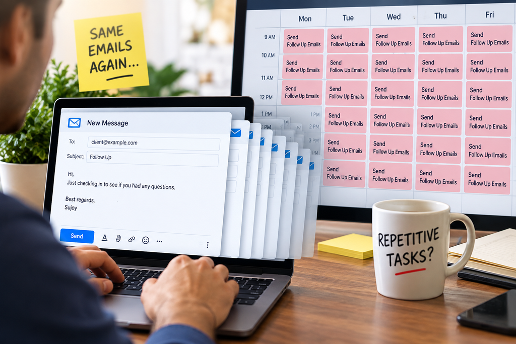 Business owner typing repetitive follow-up emails while a calendar shows recurring tasks, illustrating when to automate repetitive business work.