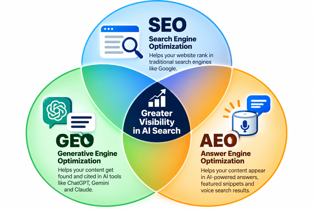 Difference between SEO, GEO, and AEO for small businesses