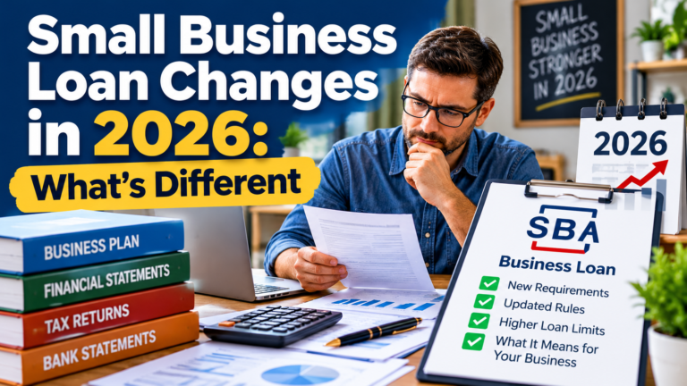 Small business loan changes in 2026, featuring updated SBA loan requirements, higher loan limits, and a business owner reviewing financial documents.