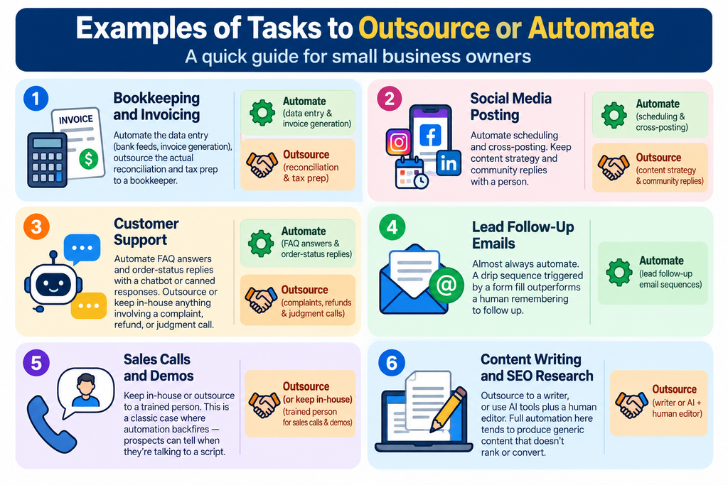 examples of tasks to outsource vs automate in a small business.