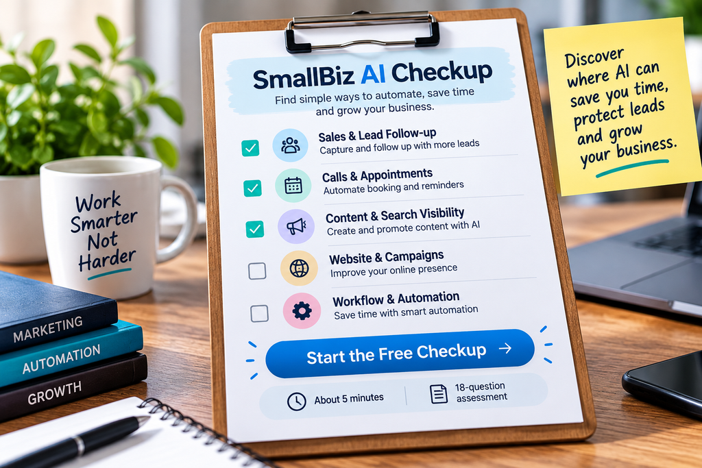 SmallBiz AI Checkup checklist on a clipboard showing business areas for sales, appointments, content, websites, and automation with a free checkup call to action.