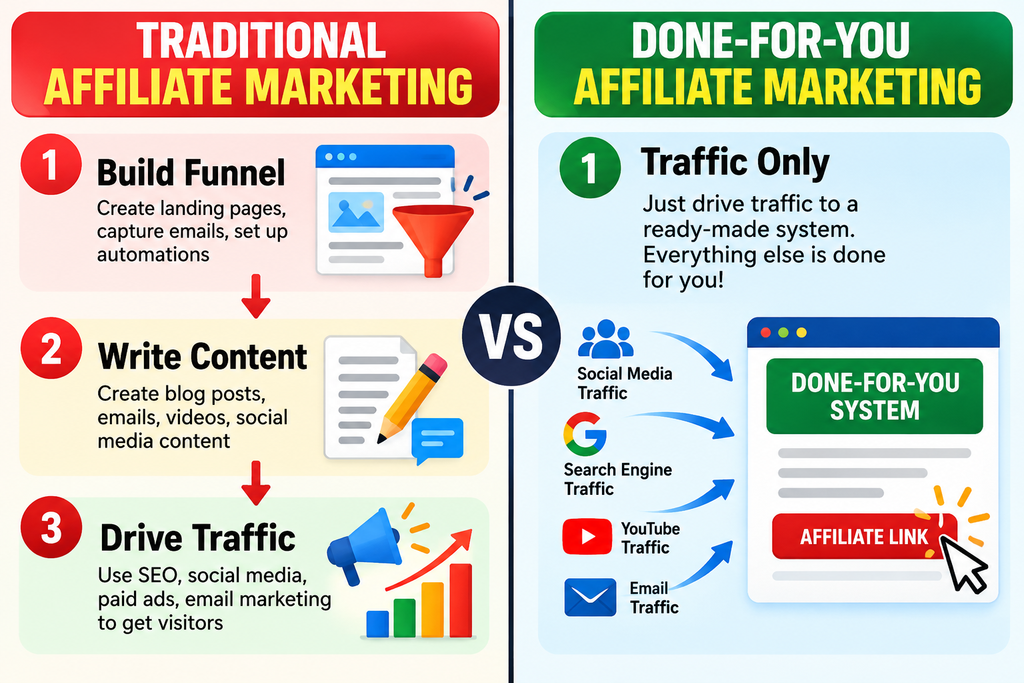 Done-For-You Affiliate Marketing" (traffic only), side by side.