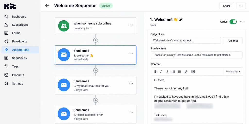 Example welcome email automation workflow for a small business